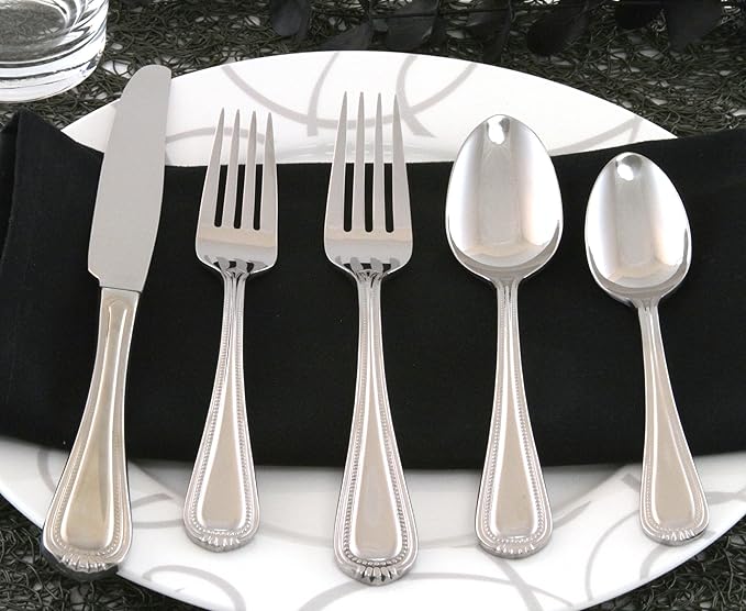 Oneida Silverware Set For 8, Countess 45-Piece Everyday Flatware Set with Serving Utensils, Service For 8, Bead Pearl, 18/0 Stainless Steel, Dishwasher Safe,Knives Spoons & Forks Set (Silver 45 Piece)
