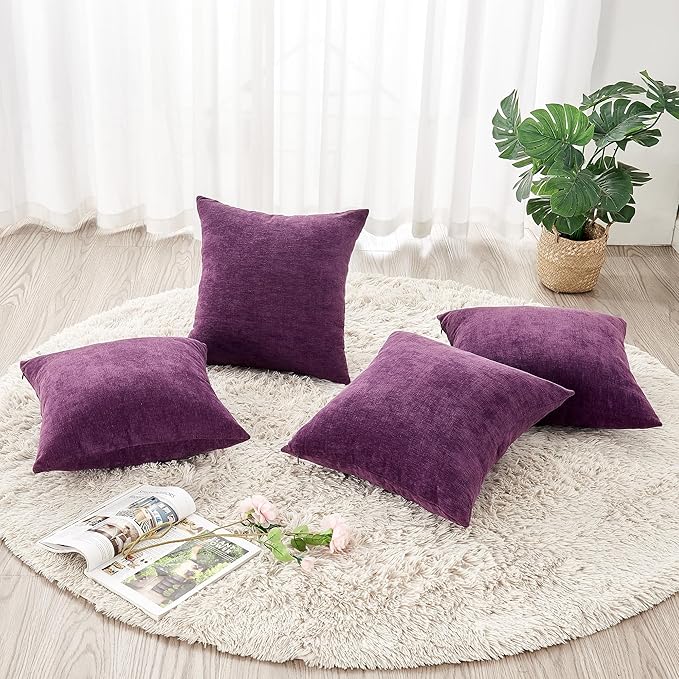 GAWAMAY Decorative Square Throw Pillow Covers 18"x18" Inch Set of 4, Super Soft Chenille Pillows Farmhouse Fall Pillowcase for Living Room Bedroom Sofa Couch Cushion Cover Purple 45x45cm (No Insert)