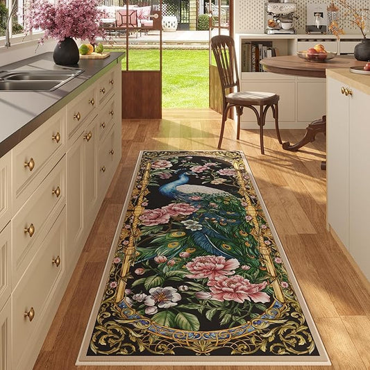 Runner Rug for Kitchen 2'6"x8' Washable Rugs with Rubber Backing Soft Floral Peacock Floral Animal Carpet Runner for Kitchen, Laundry, Bedroom, Bathroom (Black)