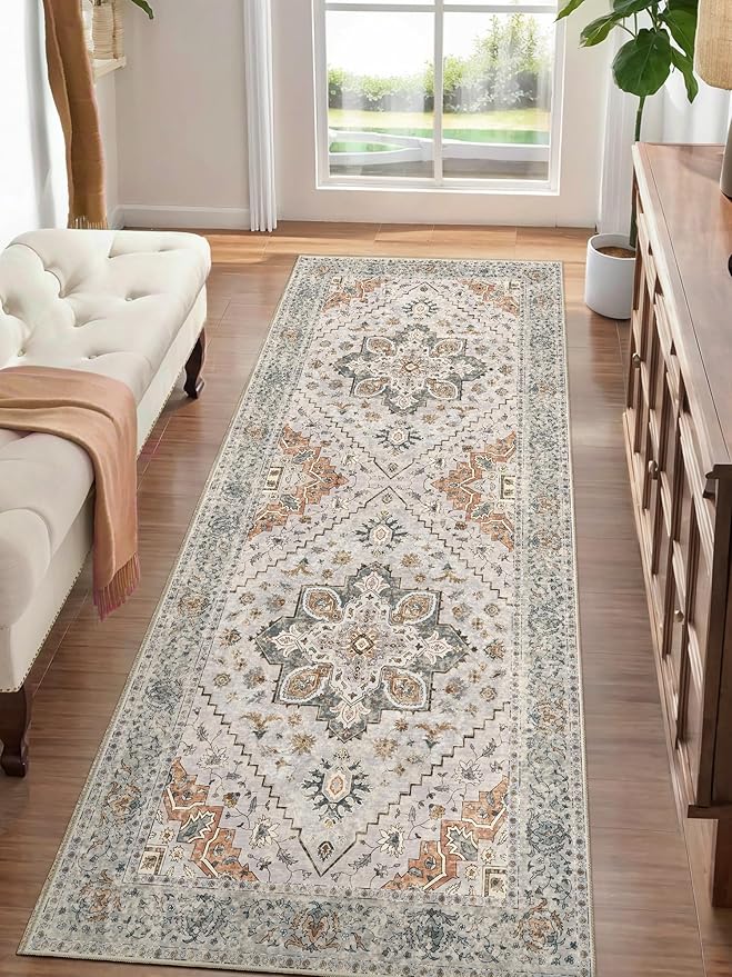 Tangsoo 2x5 Washable Runner Rug for Hallways, Non Slip Vintage Runner, Soft Low Pile Long Rug Runner, Print Distressed Grey Carpet Runners for Kitchen Bedroom Entryway Bathroom Living Room