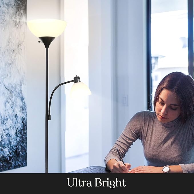 Brightech Sky Dome Plus LED Floor lamp, Torchiere Super Bright Floor Lamp with Reading Lamp for Living Rooms & Offices - Dimmable Tall Standing Lamp for Bedroom Reading - Black