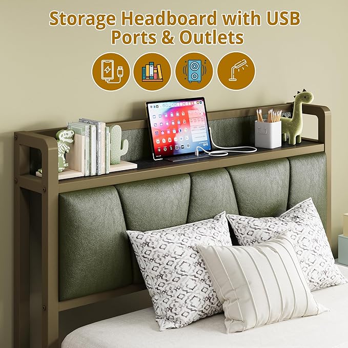 LIKIMIO Twin Bed Frame, Storage Headboard with Charging Station, Solid and Stable, Noise Free, No Box Spring Needed, Easy Assembly (Dark Green)