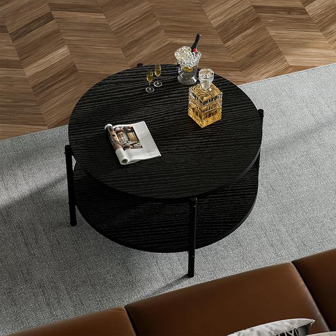 Round Coffee Table, 27.6" Circle Coffee Table for Living Room, 2-Tier Wood Accent Center Table with Open Storage Industrial Design Home Furniture, Black