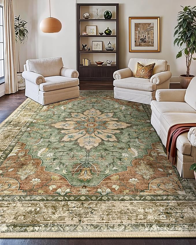 Area Rugs 10'x14' Washable Non-Slip, Floral Vintage Distress Print Pattern Medallion Carpet for Living Room Bedroom Dining Room, Brick Red Rust Neutral Brown Burnt Orange Green