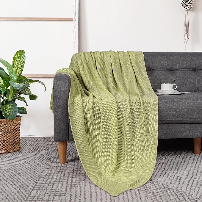 PiccoCasa 100% Cotton Knit Throw Blanket,Solid Lightweight Decorative Throws and Blankets,Soft Knitted Throw Blanket for Sofa Couch, Dark Sea Green 50" x 60"