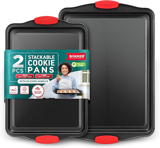 BAKKEN Kitchen Baking Pans - Medium (15.15 × 10.03") and Large (17.1 x 11.8") Nonstick Sheets, Carbon Steel Cookie Sheets with Red Silicone Handles, PFOA, PFOS, PTFE Free, Oven Safe (450°F), Set of 2