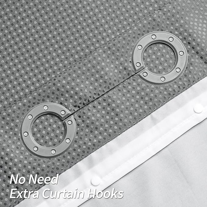 MitoVilla No Hooks Needed Grey Waffle Shower Curtain Set with Snap-in Liner, Modern Waffle Weave Heavy Duty Fabric Cloth Shower Curtain for Luxury Neutral Hotel Spa Bathroom Decor, 72 x 74