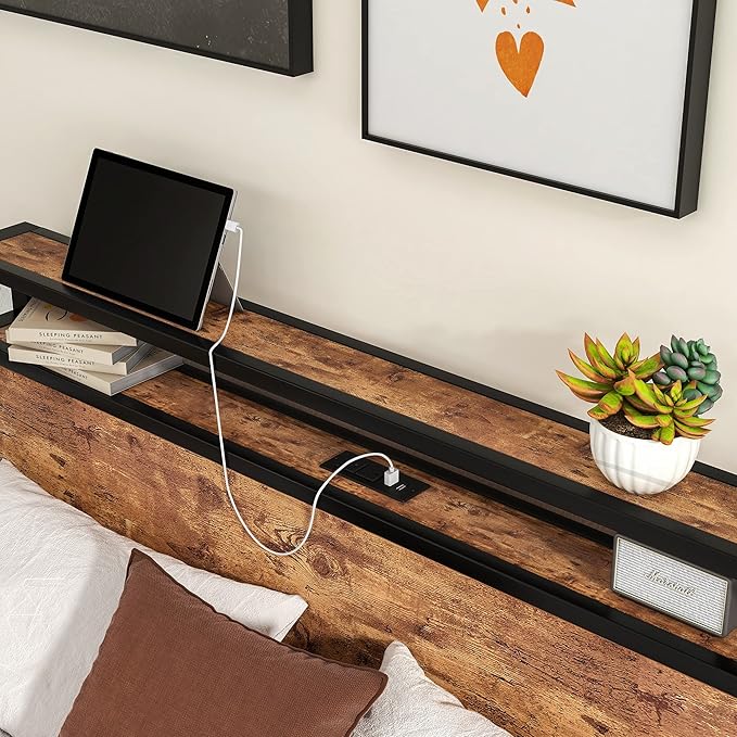 Full Size Bed Frame with Storage Headboard/USB Charging Station,Metal Platform Bed Frame Full Size No Box Spring Needed,Noise-Free,Strong Steel Slats Support,Rustic Brown