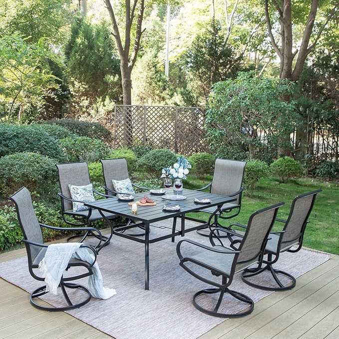 MFSTUDIO Patio Table and Chairs Set of 6, Outdoor Dining Set for 6 with Umbrella Hole, Outdoor Patio Furniture Set for Deck, Backyard, Poolside & Garden