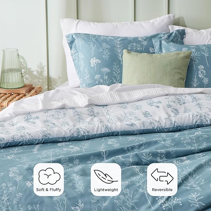 Bedsure Queen Comforter Set - Mineral Blue Bed Set, 3 Pieces Cute Floral Bedding, 1 Soft Reversible Botanical Flowers Comforter and 2 Pillow Shams