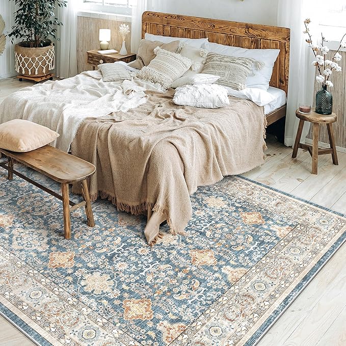 Area Rugs for Living Room: 9x12 Washable Rug Vintage Boho Floral Print - Ultra Thin Stain Resistant Large Soft Non Slip Foldable Carpets for Bedroom Dining Room Office Nursery - Blue