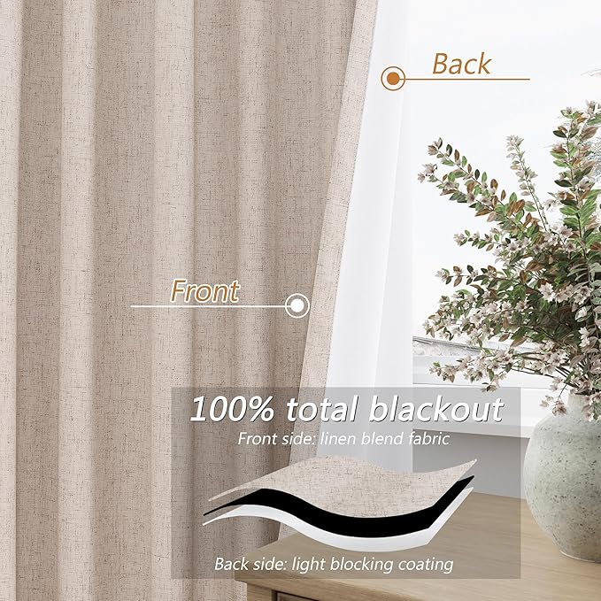 Guken Oatmeal Linen Blackout Curtains 72 Inch Length 2 Panels Set for Living Room Bedroom Back Tab Thermal Insulated 100% Black Out Linen Drapes Room Darkening Window Curtains 72 Inches Long