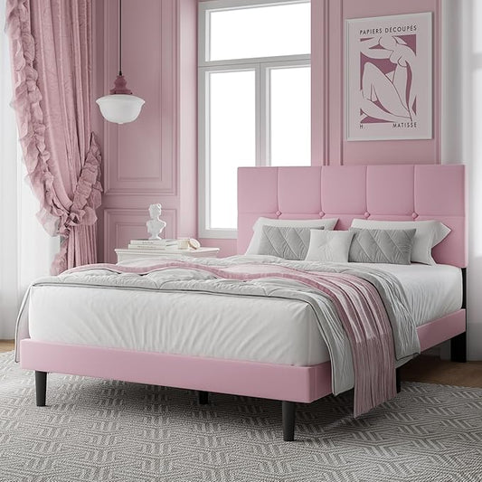 Full Size Bed Frame, Full Size Platform Bed Frame with Headboard, Upholstered Headboard, Sturdy Wooden Slats, Noiseless No Box Spring Required, Easy to Assemble, Pink