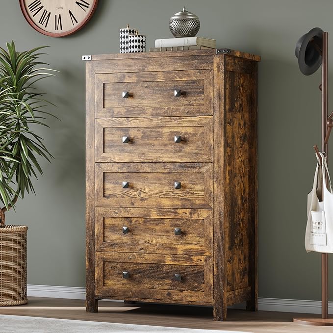 Tall 5-Drawer Dresser, Modern Wooden Storage Chest of Drawers, Dresser TV Stand, Wood Drawer Organizer with Metal Handles for Bedroom, Living Room, Hallway