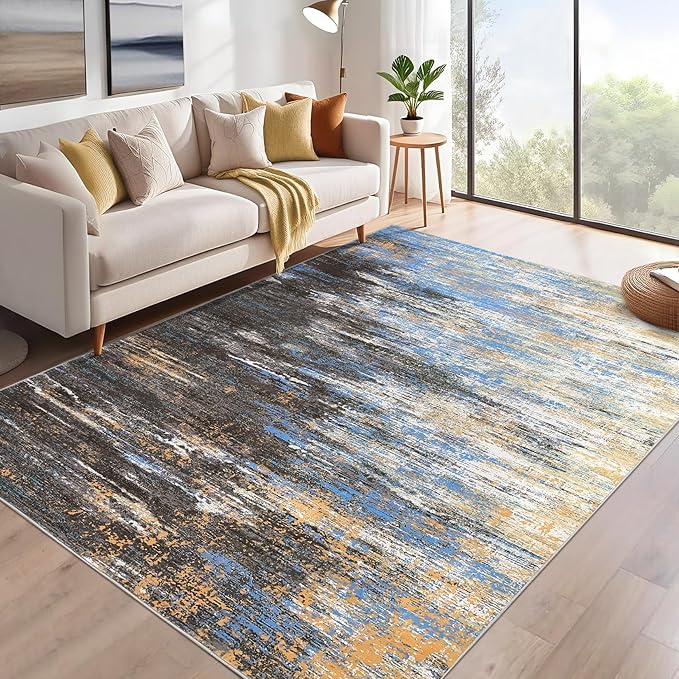 Modern Abstract Area Rug 4x6 Washable Rug for Living Room, Ultra Soft Rug for Bedroom, Non Slip Indoor Floor Carpet, Stain Resistant Rugs for Home Decor Office, Blue/Brown