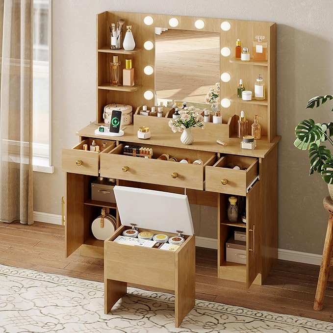 Vanity Desk with Mirror and Lights, Wood Makeup Vanity with Charging Station & Stool, 3 Drawers and Cabinets, Farmhouse Vanity Mirror with RGB LED Lights Makeup Desk and Chair for Women