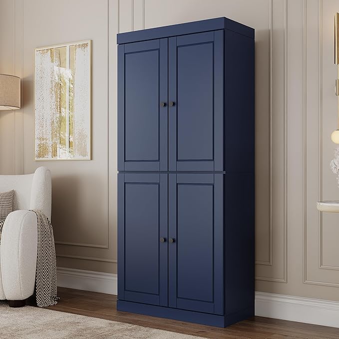 Palace Imports Solid Wood Bookcase - 6-Shelf Tall Bookshelf, 71.5” H x 32” W - Navy Blue, Wooden Cabinet Doors, Adjustable Shelves, 100% Renewable Eco-Friendly Wood, Made in Brazil