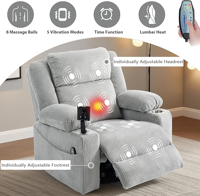 Dual Motor Power Oversized Swivel Rocker Recliner Chair with Adjustable Headrest for Adults, Glider Rocking Chairs with Vibration and Heat, USB Type C, Armrest Storage, Cup Holder, Light Gray