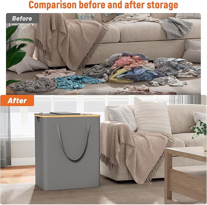 160L Double Laundry Hamper with Lid 2 Section, Large Bamboo Laundry Basket with 2 Removable Bags, Clothes Hampers for Laundry for Bedroom, Bathroom, Dorm, Laundry Room, Grey