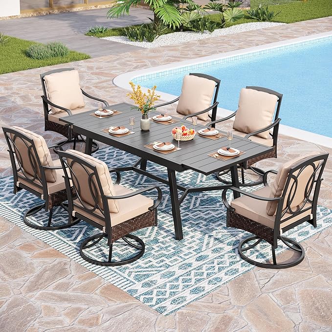 PHI VILLA 7-Piece All-Weather Outdoor Dining Set, Heavy Duty Expandable Metal Table & 6 Swivel Chairs with Cushions, Durable Patio Furniture for Deck, Backyard, Garden