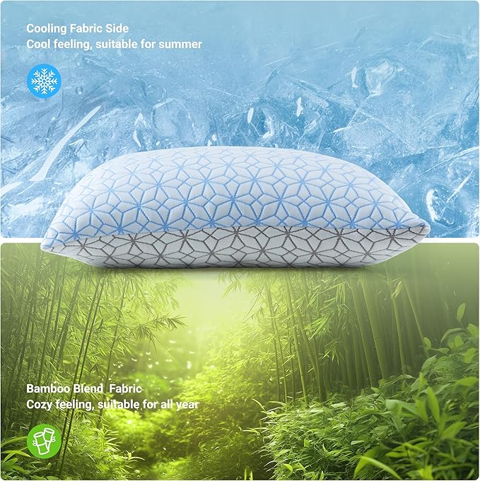 puredown Pillows Queen Size Set of 2, Cooling Pillow Queen Size 2 Pack, Adjustable Shredded Memory Foam Pillows for Side Back Stomach Hot Sleepers, Ice Blue