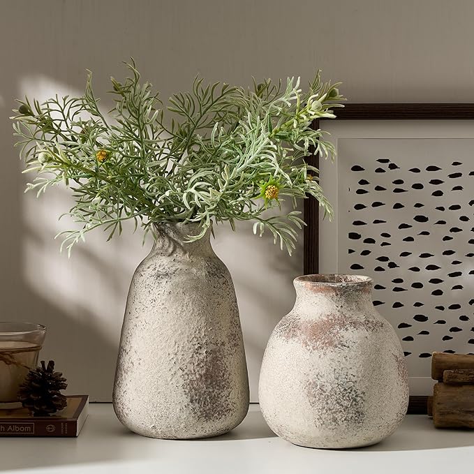 PORCER Ceramic Vase Set of 2 for Home Decor, Handcrafted Vintage Terracotta Vases, Rustic Farmhouse Decor, Minimalist Decorative Vase Set for Table Centerpiece Fireplace Nightstand Decoration - Brown