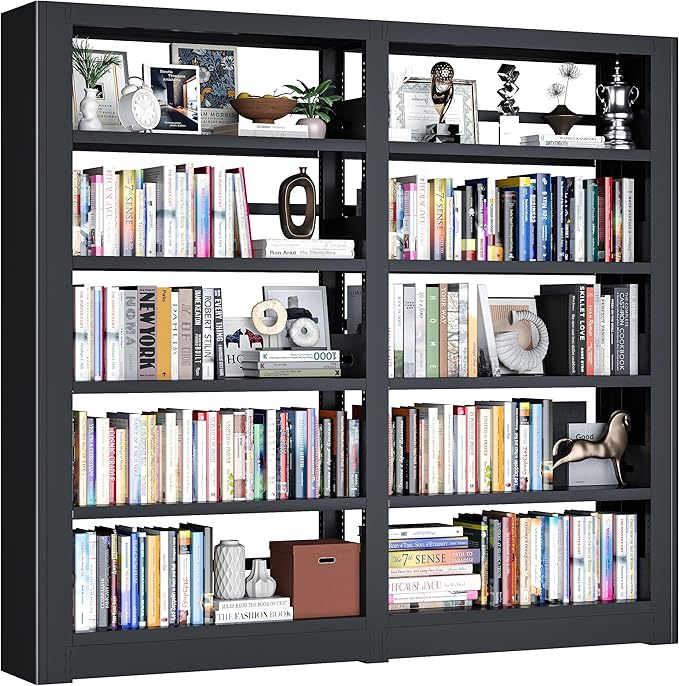 Heavy Duty 5-Tier Metal Bookshelf, Industrial Wide Book Shelf with Adjustable Shelves, 280lbs Shelf Capacity, Large Office Bookcase, Display Book Organizer for Living Room Bedroom Library -2Pcs,Black