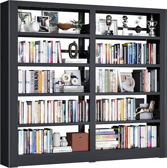 Heavy Duty 5-Tier Metal Bookshelf, Industrial Wide Book Shelf with Adjustable Shelves, 280lbs Shelf Capacity, Large Office Bookcase, Display Book Organizer for Living Room Bedroom Library -2Pcs,Black