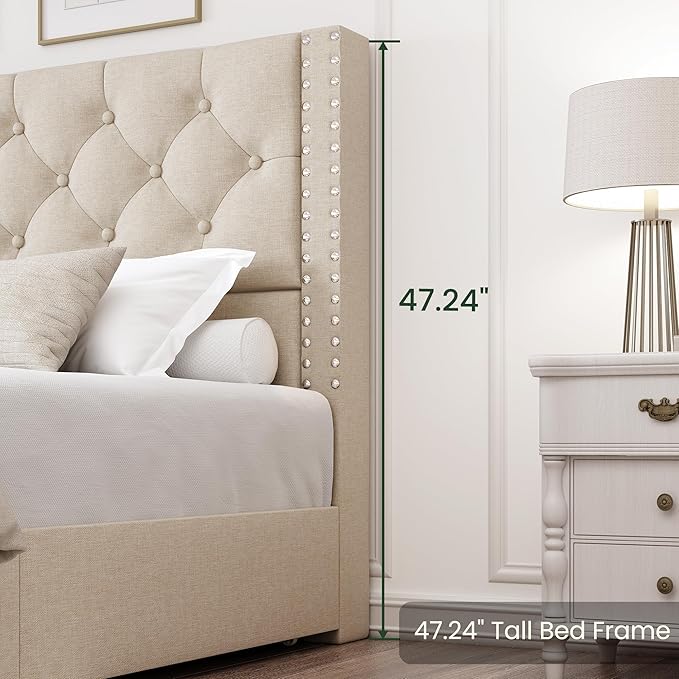 Queen Size Bed Frame with 4 Storage Drawers and Tufted Headboard Linen Upholstered Platform Bed Frame with Heavy Duty Wood Slats, No Box Spring Needed, Easy Assembly, Beige