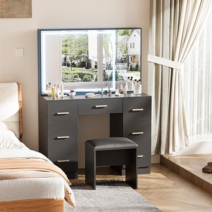 Black Vanity Desk with Mirror and Lights, Makeup Table with 44.8" Oversized Vanity Mirror Dressing Table Set with Stool, 7 Drawers and Storage Cabinet for Bedroom Dressing Room