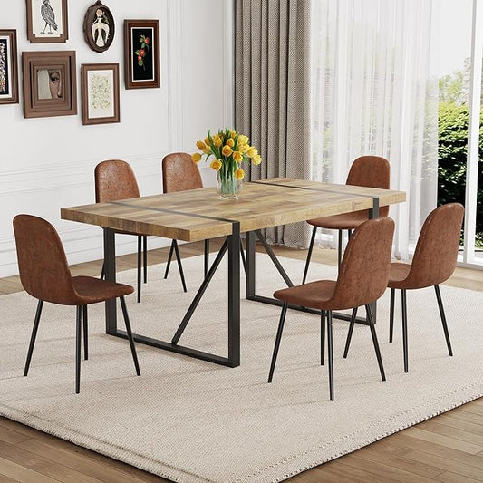 Dining Table Set for 6，Dinner Table Set for 6，71'' Kitchen Table and PU Leather Chairs Set of 6，6 Chair Dining Table Set for Kitchen Dining Room