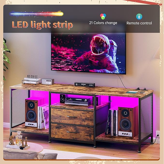 55" W TV Stand for Bedroom with LED Lights & Power Outlets Dresser TV Stand with 2 Drawers for 65" TV with Open Storage Shelves