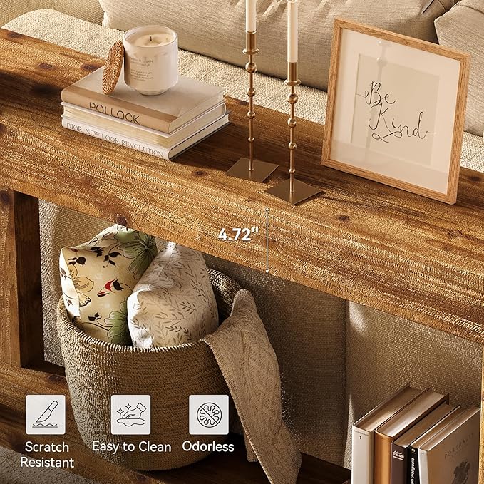 63-Inch Solid Wood Long Console Table, Farmhouse Narrow Entryway Sofa Table with 2-Tier Storage, for Living Room, Hallway, Entrance, Foyer, Rustic Brown