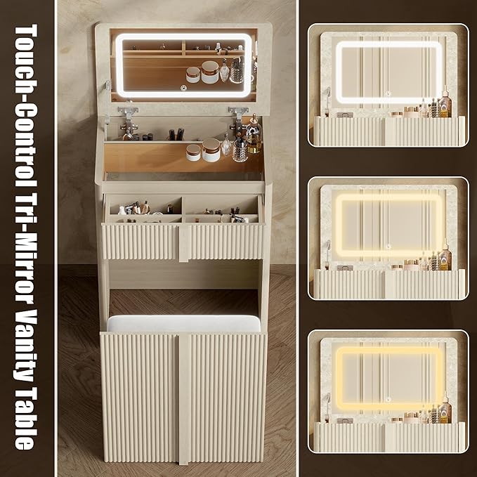 24" Vanity with Chair, Makeup Vanity Desk with Lights and Flip Top Mirror, Compact Vanity with 2 Drawers, Reinforced Legs, Whitewashed Oak