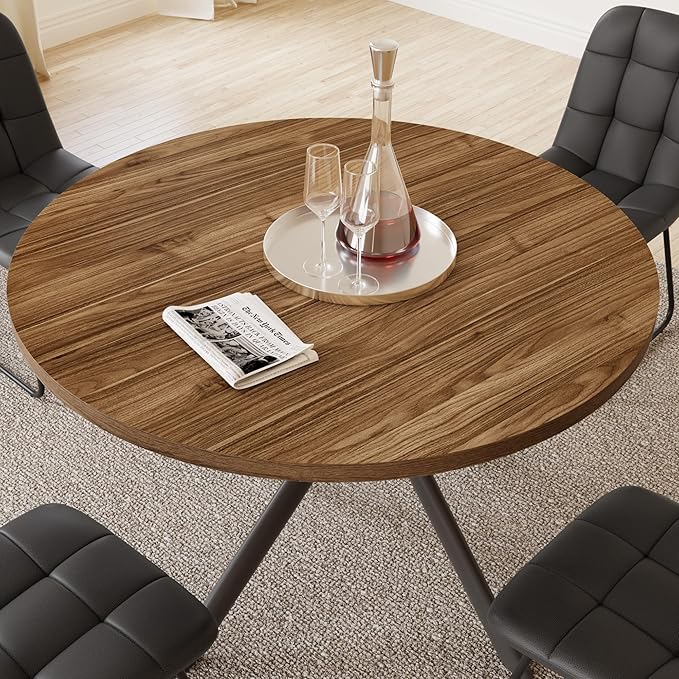 45.3 Inch Round Dining Table Set for 4, Mid Century Modern Small Coffee Set for Dining Room Kitchen Apartment (Light Walnut + 4 U-Shaped Black Chairs)