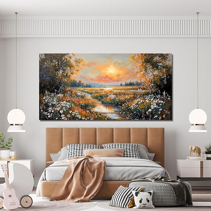 Canvas Wall Art Decor Large Vintage Wildflower Wall Art Prints Canvas Wall Art for Living Room River Sunset Art Work for Wall Decor Oversized Artwork for Walls Bedroom Office Wall art Decor 29" X 58"
