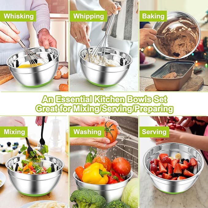 TeamFar Mixing Bowls, Stainless Steel Mixing Bowls with Lids, Nesting Salad Bowls with Air-tight Lids & Non-slip Bottom, Dishwasher Safe & Stackable, Set of 6-4.6/2.6/2 / 1.5/1 / 0.7 Qt