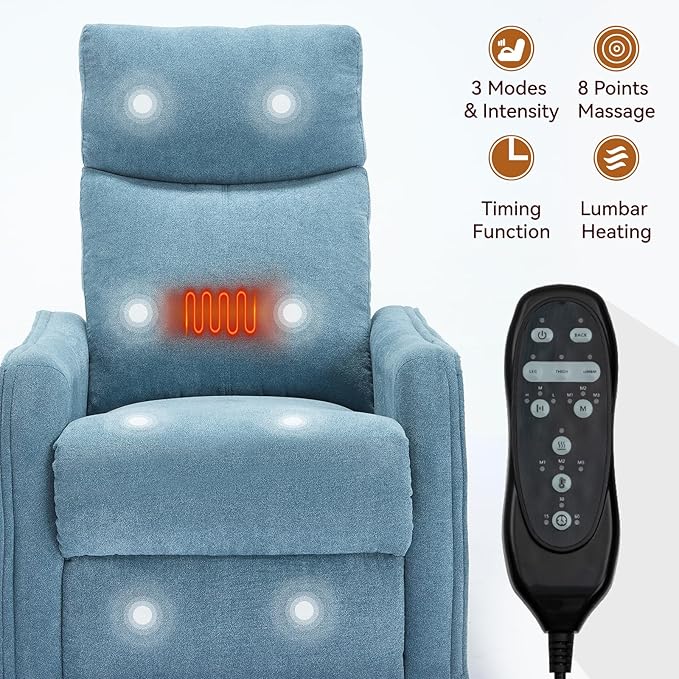 Massage Rocker Swivel Recliner Chair for Adults, Manual Recliner Glider with Lumbar Heating, Technical Flannel Fabric Nursery Glider Rocking Chair with Vibration Massage for Living Room - Blue