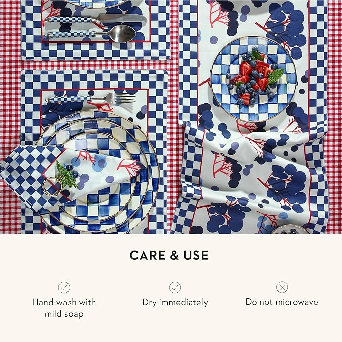 MACKENZIE-CHILDS Enamel Dinner Plate, Decorative Dinnerware Plate, 10 Inches, Set of 4, Blue-and-White Royal Check