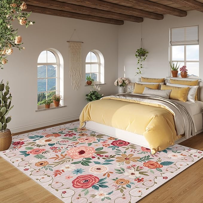 DUKINO 8x10 Area Rug, Floral Rugs for Living Room, Lightweight Non Slip Washable Rug, Indoor Low Pile & Non-Shedding Boho Design Rugs for Bedroom, Living Room, Dining Room, Beige