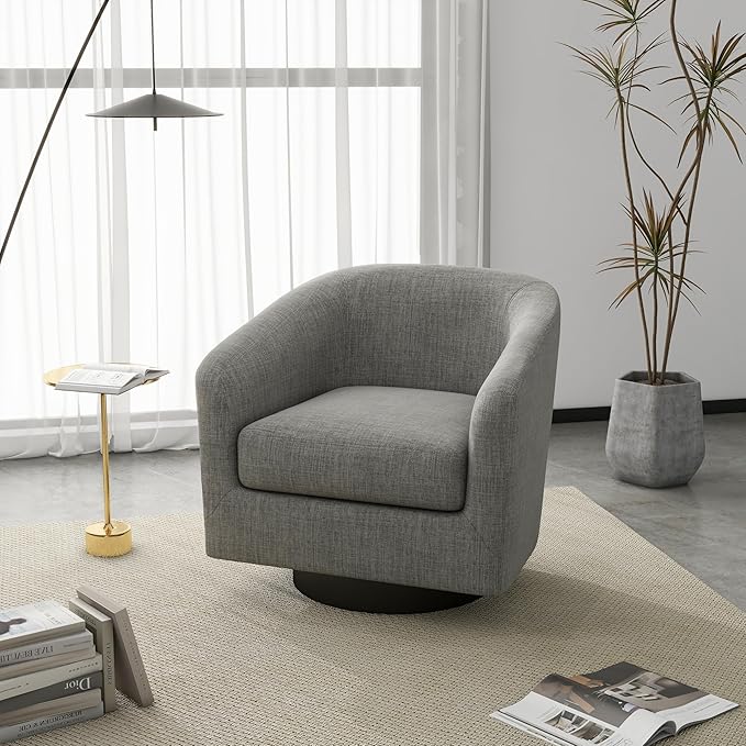 UIXE 360° Swivel Accent Chair, Fabric Barrel Club Chair Upholstered Armchair for Living Room, Round Arm Chair Bedroom Single Sofa Reading Seat - Flax Gray