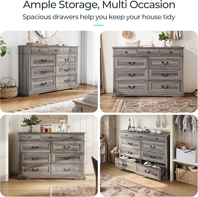 LINSY HOME Farmhouse 9-Drawer Dresser - Grey Chest of Drawers for Bedroom and Living Room Organization, Wood Dresser with Ample Storage Space and Rustic Charm, Grey