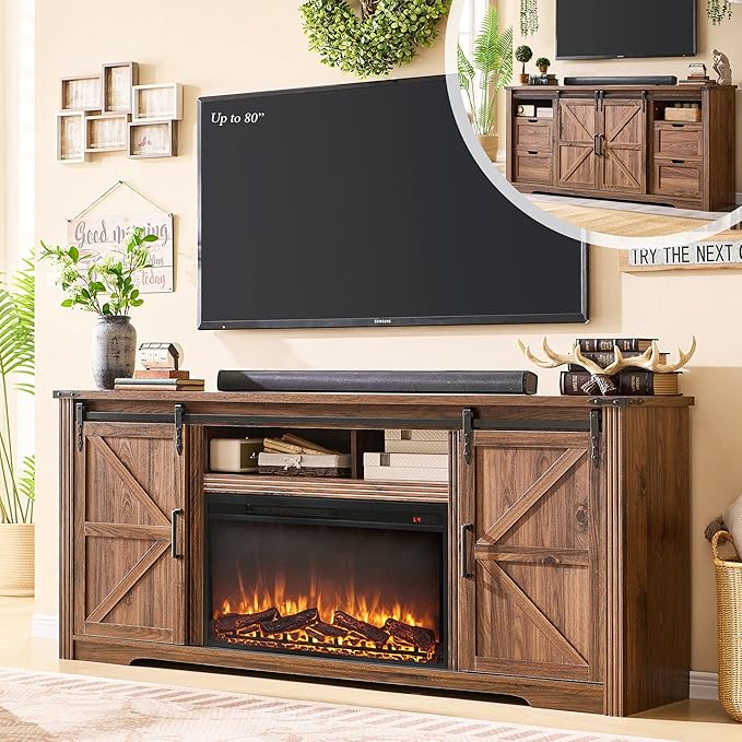 Farmhouse Fireplace TV Stand for 80 Inch TV, 32" Tall Entertainment Center w/Drawer & Sliding Barn Door, 70 Inch Highboy Media Console for Living Room, Brown
