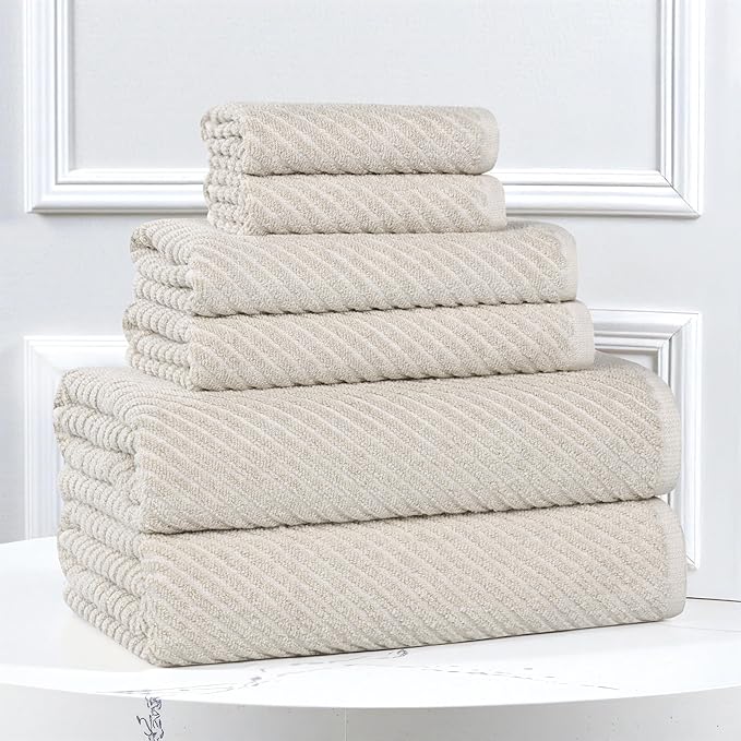 Superior Amelia Cotton Blend Medium Weight Towels, for Guest Bath, Bathroom, Shower, Spa, Plush, Quick Dry, Ultra-Soft Towels, Bath Essentials, Ribbed Design, 6 Piece Assorted Towel Set, Beige