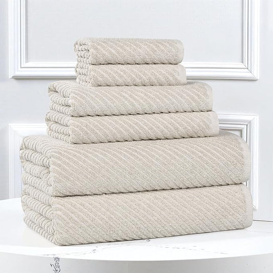 Superior Amelia Cotton Blend Medium Weight Towels, for Guest Bath, Bathroom, Shower, Spa, Plush, Quick Dry, Ultra-Soft Towels, Bath Essentials, Ribbed Design, 6 Piece Assorted Towel Set, Beige