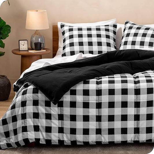 Bare Home Comforter Set - King/California King Size - Ultra-Soft - Goose Down Alternative - Premium 1800 Series - All Season Warmth (King/Cal King, Buffalo Plaid - White/Black)