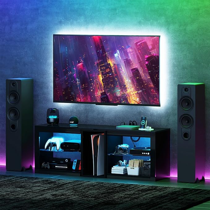 HOMCOM Modern TV Stand with LED Lights and Power Outlets for 55 Inch TV, 51" High Gloss Entertainment Center with Adjustable Glass Shelves, TV Console for Bedroom, Living Room, Black