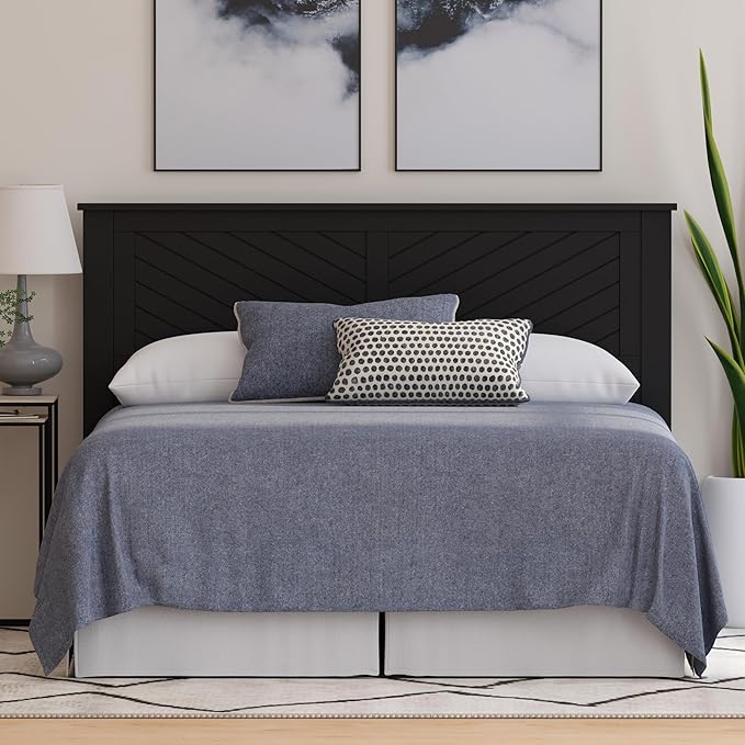 Serene Poplar Wood Full Headboard, Modern Farmhouse Panel with Chevron Scoring, Full Size Headboard in Black, Casual Coastal Style, Easy Assembly, Quality Materials