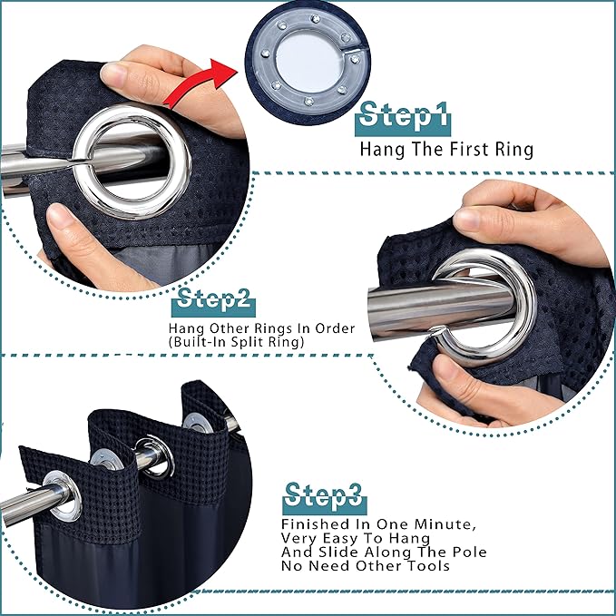 Conbo Mio No Hook Waffle Weave Shower Curtain with Snap in Liner Set, Hotel Luxury Black Shower Curtains for Bathroom with See Through Top Window, Waterproof, Washable 71W x 74H