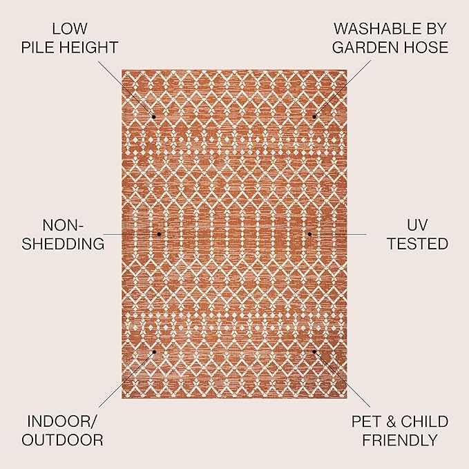 JONATHAN Y SMB108P-5R Ourika Moroccan Geometric Textured Weave Indoor Outdoor Area Rug, Coastal, Bohemian, Modern Easy-Cleaning,Bedroom,Kitchen,Backyard,Patio,Non Shedding, Orange/Cream, 5' Round